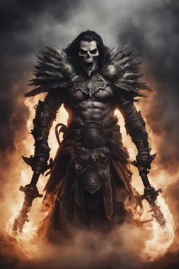 an insane warrior with his chest made of bones and eyes made of smoke. dark horror setting.