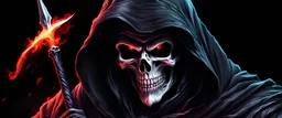 ultra high image quality, hell infused Grim Reaper Close-up of an set against AMOLED-worthy pure black backdrop, fantasy art style infused with filter, tailored for vertical wallpaper, exclusive design with no duplicates, radiating beauty suitable for a PC screen image, vivid colors, ultra fine, digital painting.