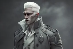 A white masculine human with medium white hair. A Lot of Battle Scars. Full body. Black Military Outfit. HD