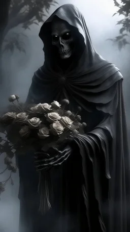 In a mesmerizing and ethereal manner, an otherworldly being emerges in the form of a translucent grey hood statue flowing smoky black robes. He is holding a bouquet of black roses, Forward facing a big tree in the background