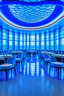 A restaurant with the outer shape of the walls in blue and a white floor, and it contains one table in the middle of the restaurant, and the walls are oval in shape, containing 30 chairs, and the walls are made of glass