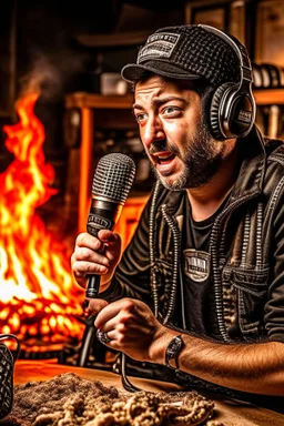 Man firestarter with a microphone in hand, hard rock man and metal radio host sleeping in the background