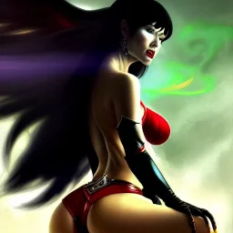 ultra detailed portrait of beautiful Vampirella Riding a black horse,wearing plate armor, extremely detailed digital painting, in the style of FRANK FRAZETTA and Earl Norem and fenghua zhong and ruan jia and jeremy lipking and peter mohrbacher, mystical colors, rim light, beautiful lighting, 8 k, stunning scene, raytracing