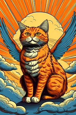 orange cat with stripes in heaven with wings and a marvel art style A4 format