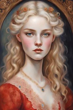 aged 16, epitomizes Targaryen allure with her golden locks and sweet sapphire eyes. slender frame adorned with delicate features, framed with her porcelain skin and soft high cheekbones. soft make up. Painted oil painting. Dressed in red dress lace
