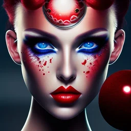 womans face with jawbreaker-eyes, redlicorice hair,