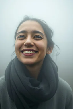 Extremely realistic photo of a girl smiling ,fog, general foul weather, (Rembrandt Lighting), zeiss lens, ultra realistic, (high detailed skin:1.2), 8k uhd, dslr, Dramatic Rim light, high quality, Fujifilm XT3, artwork in pale distressed tones , minimalistic approach, blends old world aesthetics art with elements of distressed painting and illustration, shadow play, high conceptuality, palette inspired by Charlene Mc Nally, Carne Grif