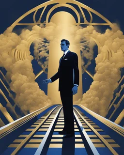 Stylized illustration, dark blue background. A man in a dark suit stands confidently on the side of a bridge made of golden bars. The bridge arches over a dark blue void, leading towards a swirling, dynamic and energetic cloud that represents AI. Cyborg's hand emerges from the cloud, extending towards the man and beckoning him with a welcoming gesture. The determined man looks at the hand with anticipation and hope. The overall design is clean and modern, contrasting colors and dynamic lines