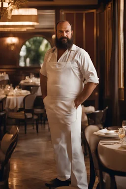 half figure shot photography of a 42 years old serious sicilian waiter in uniform, similar to Bud Spencer, shaved hair, muscular bearded strong chubby man with hands in the pockets, in an elegant empty restaurant, bulge, bullneck, manly chest, unshaved, short hair, photorealistic, dim light , side light, view from the ground