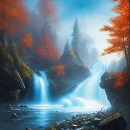 troll, giants throwing stones, spray painted fantasy art, book cover ,autumn icy water