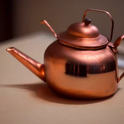 The reflection of a child on the surface of an old copper teapot