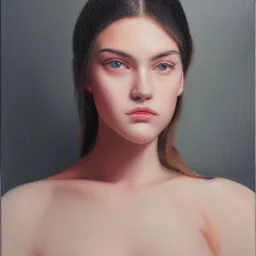  100 % modern conceptual art, realistic portrait oil painting by Kris Knight, of a beautiful 18 year old woman , front view centered 3/4 figure symmetrical and cinematic side lighting, red rimmed eyes with dark cir precise brushstrokes and subtle blended variations in skin color temperature, perfectly proportioned female figure elegantly posed and wears contempory casual clothes, short tangled hyper-realistic detailed jet-black hair with bangs! Perfectly symmetrical facial features ,cgsociety,