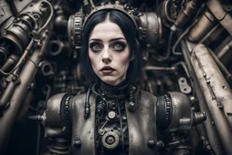 Closeup tall Girl goth with big eyes, ragged clothes, fullbody, dieselpunk, valves and old robots behind, the perspective looking up from the bottom of an empty well , 8k,macro photography,