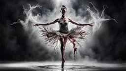 a bizarre surreal image where a dancer's legs there are bloody wounds on both foot, her dress completely drenched in sweat, she standing on tiptoe in a perfect dance pose, around her a fade gray vortex, capturing grasping the difficulty of dance, self-sacrifice, striving for perfection the impressive pose achieved through hard work, the beauty of dance, vertical light on the dancer, blur background is a cracked wall with half darkness and half shiny light, on wall fade the outlines of old and