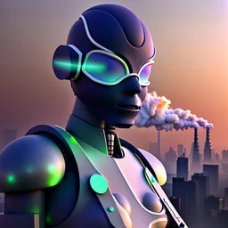 smoke plumes, clouds, smog, city scape with pollution, robot, double exposure photography, colourful nature, clean sharp focus, on white background, Fractal Geometry buildings, sacred geometry