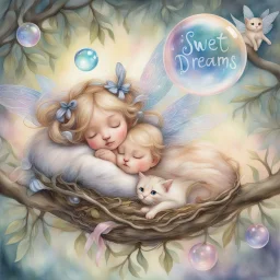 Whimsical airbrushed watercolor painting of a fairy’s nest on an olive tree branch. In the nest, an adorable 3-year-old fairy toddler with blond hair in pigtails held by glossy pastel-toned ribbons and iridescent wings is sleeping closely with her soft Siamese kitten. A transparent dream bubble with "sweet dreams" floats above her. The background features a magical forest, full of sweetness.