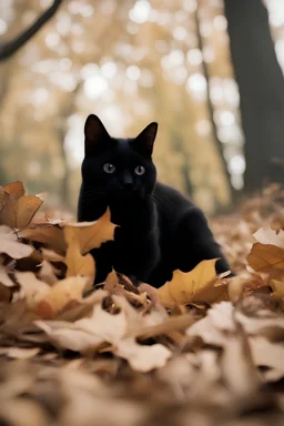 a polaroid of small black cat playing with leaves during fall