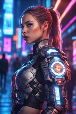 portrait realistic cyber Russian girl half dressed appealing, nightlife costume, she is looking at her holographic watch, futuristic uplifting mood and motivation theme, science fiction, spectacular landscape spring season in cyberpunk city, incredibly beautiful in the cyber-city street, stunning intricate meticulously detailed dramatic digital illustration volumetric lighting, 200 megapixels 8K resolution, back-lit soft lights, photo-realistic arts, realistic photography, neon colo