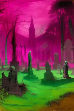 A purplish magenta haunted graveyard with ghosts painted by Edgar Degas