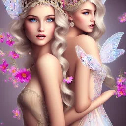 beautiful fairy nude with transparent wings, smiling, , long platinum blond hair with crown and flowers, pink dress