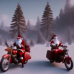 multiple santas driving a motorcycle arround christmass tree