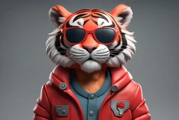 a cartoon tiger wearing sunglasses and a red jacket, a 3D render by senior character artist, trending on zbrush central, furry art, zbrush, rendered in cinema4d, rendered in maya