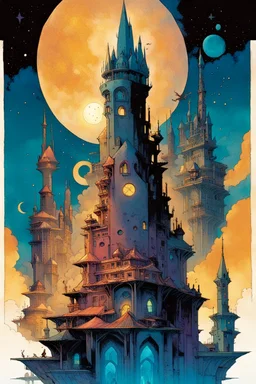 create a wildly imaginative illustration of an ethereal, otherworldly , thriving, antediluvian sorceress city, arcane magical architecture, in the comic book art style of Bill Sienkiewicz, Mike Mignola, Sparth, and Jean Giraud Moebius, finely drawn, colored and inked, suffused with dramatic natural light and shadow in the starry skys of the midnight moon