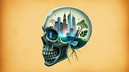 old worn paper, plain contrast background, crystal transparent Skull with city and plants inside, roots, backlight inside, 8K, high detail, hyperrealism, high resolution, bright colors, ART illustration