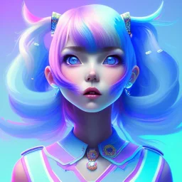 blue hair woman, teenager, smile, purpurin, school dress, white shirt, gradient color, BLUE, PINK, CYAN, neon, insanely detailed, 16k resolution, perfect eyes, cinematic smooth, intricate detail