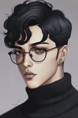 Short black hair, light skin, black skin tight turtle neck clothing, black round glasses, earrings, grey eyes, black eye shadow, round face, man