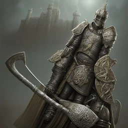 a Midieval knight in metallic gold and grey battle armor, holding a hockey stick, a highly detailed illustration, background of Celtic castle, realistic render, 8 k, micro detail, intricate, elegant, centered, digital painting, Artstation, smooth, sharp focus, illustration, artgerm, tomasz alen kopera, peter mohrbacher, donato giancola, joseph christian leyendecker, wlop, boris vallejo