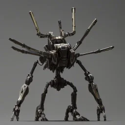 Mecha with metal spider legs his hands are machine guns.