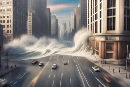 Drone Shot of a huge Tidal Wave seen from a downtown street on a Sunny Day as it hits buildings in the middle distance":"HDRI, ultra realistic, concept art, elegant, highly detailed, intricate, sharp focus, depth of field, f/22, 200mm, medium shot, ((bright diffused Sunset light)), Kodak Ektar