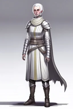 full length, tall, gangly, 22-year old, short haired, nordic looking grey-eyed female human cleric healer wearing scale mail