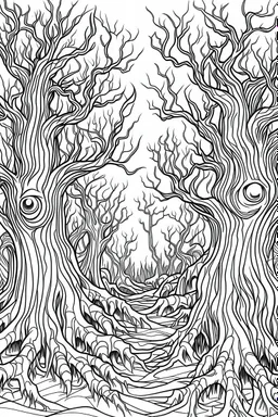 A creepy forest with gnarled trees, glowing eyes peeking through the darkness.. Outline, sketch style, only use outline, mandala style, clean line art, white background, no shadows, no clear wall, coloring page.