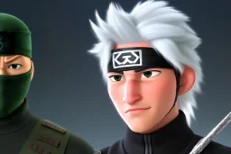 Kakashi Hatake, Shinobi, white tall hair, black face mask, black leaf ninja headband, Left eye red, Green military-style vest,