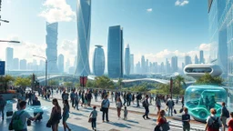 A futuristic scene depicting the bustling heart of a 2080 city center. The foreground features a diverse array of photorealistic individuals engaged with innovative, tech-enhanced elements - holographic displays, autonomous transportation, immersive public art. In the background, a panoramic vista of the larger city skyline - towering organic skyscrapers, elevated transit, verdant green spaces. Convey a sense of scale, depth and awe-inspiring technological wond