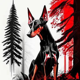 Doberman dog sitting, front view, full body, ink lineart red white black pointy ears trees