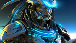 photorealistic Apache warrior cyborg marauder opalescent, interstellar galactic particles stream event horizon, quantum wormhole