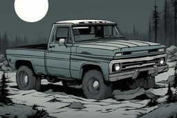 pickup truck, rear, forest, comic book,post-apocalypse, gray background, night time,
