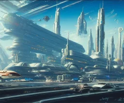 Art by John berkey, Spaceport on a heavy industrialized planet with a futuristic city in the background and a docked spaceship in the foreground, retrofuturistic, buildings with glass facades, insanely detailed, vibrant, 8k uhd, cinematic atmosphere, ultra-wide angle, street level view, brush strokes, blue sky with clouds, sharp focus