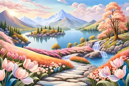 A breathtaking, high-resolution rendering of a picturesque spring landscape. A winding path with vibrant, colorful flowers like tulips, and cherry blossoms takes the viewer's eye through the foreground. Majestic hills and mountains form the backdrop, with a serene waterfall cascading into a crystal-clear lake below. The sky above is a soothing blend of soft blue and warm hues, reflecting the golden light of the setting sun. Realistic, detailed, high contrast, 8k, high definition, concept art