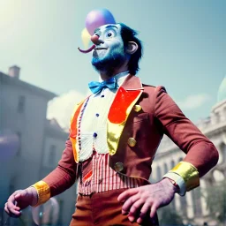 Ultra realistic circus scene. Stronger circus man, waist up view, Wes Anderson style, happy, bubbles, party, confeti, highly detailed, concept art, unreal engine 5, god rays, ray tracing, RTX, lumen lighting, ultra detail, volumetric lighting, 3d, finely drawn, high definition, high resolution.