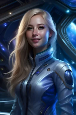VESSEL, OVNI cosmosbeautifull woman, blond LONG HAIRS BLOND LIGHT , WHOLE BODY, BLUE BRILLANT; JEWELS, COSMOS, GALACTIC VISION photorealistic, wet skin, space uniform, tanned skin, neckband, SILVER METAL COLOR SMILING HAPPYNESS, GALAXY, VESSEL STARSHIP COKPIT WHITE CLEAR - WHOLE BODY BLUE VIOLET
