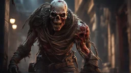 a rotting zombie warrior. carnage in a city. fantasy setting. armor fused to the skin. blood. broken bones. broken fangs. broken jaws. broken armor. gloves.intense horror. blind terror. scared to death. a masterpiece, fantasy concept art, dynamic lighting, hyperdetailed, intricately detailed, deep color, Unreal Engine, volumetric lighting, Epic cinematic brilliant stunning intricate meticulously detailed dramatic atmospheric maximalist digital matte painting