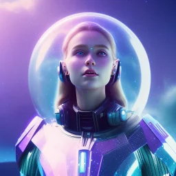 A portrait of a transparent crystalline girl,smiling, longs blond hairs, green eyes, galactic dress, atmospheric, realistic, cinematic lighting, octane render, purple and blue sky, nebula, stars, planets in background, spaceship in background