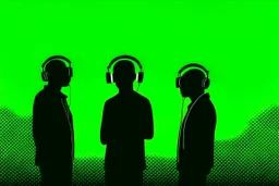 Silhouette of three men people wearing headphones, green background