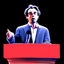 vector illustration man with a 50 centimeter long nose speaking at a lectern with microphone, (((black background))), white, black and red colors