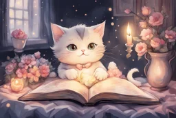 cute chibi cat mother reads a fairytale book to his baby kitten in a bed, flower tapestry, in a bedroom in candlelight, S<AI, watercolor and black ink outlines, soft, shading strokes, light pastel colors, ethereal, cinematic postprocessing, bokeh, dof