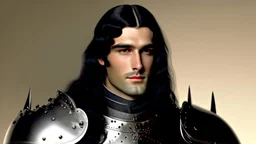 A dashing knight in steel plate armour, long black hair, pretty face, dignified, no beard, no moustache